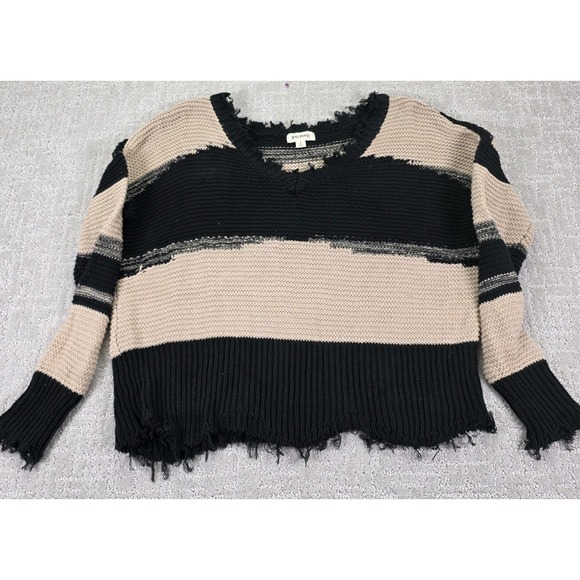 Rag Poets Distressed Black Tan Striped Frayed Hem Sweater Women's Size Small - Picture 1 of 5